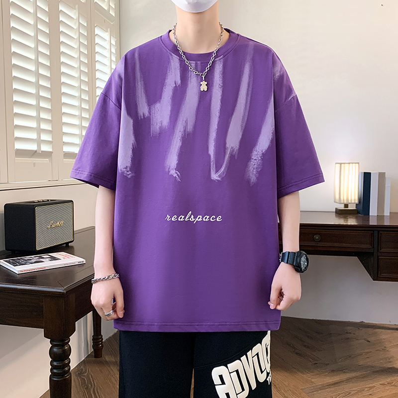夏季紫色短袖T恤男士青少年潮流男装一套搭配初中生夏天丅血套装