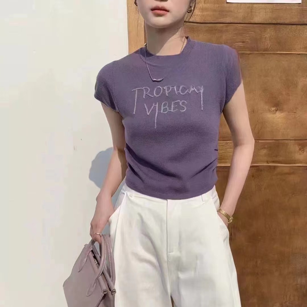 四季青广州十三行深紫色针织短袖T恤女夏冰丝短款上衣搭配西装裤