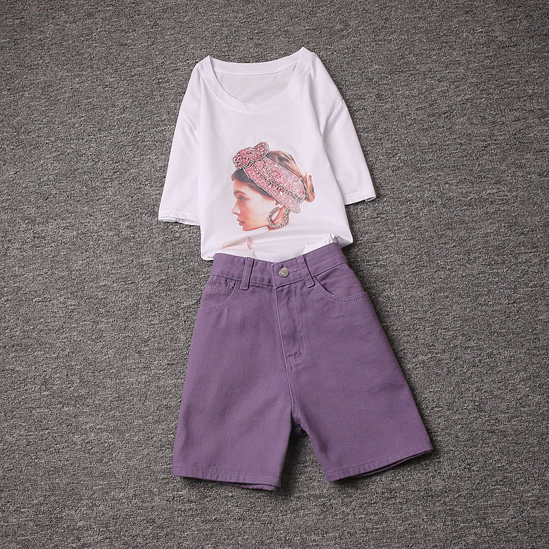 小个子夏装搭配显高套装女洋气时尚减龄t恤+紫色牛仔裤短裤两件套