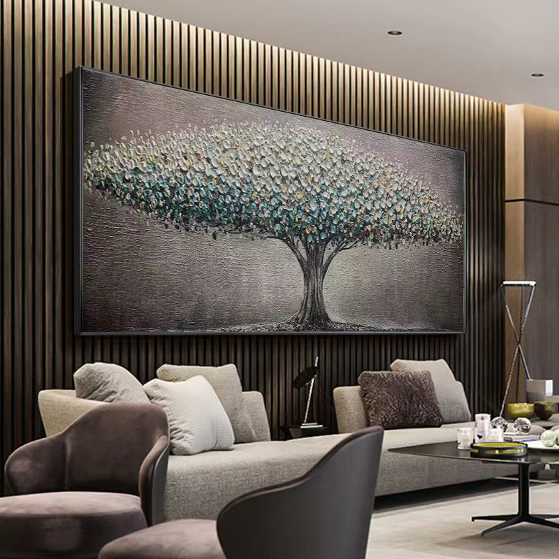 2022款客厅挂画喷绘油画发财树客厅装饰画轻奢沙发背景墙壁画横版