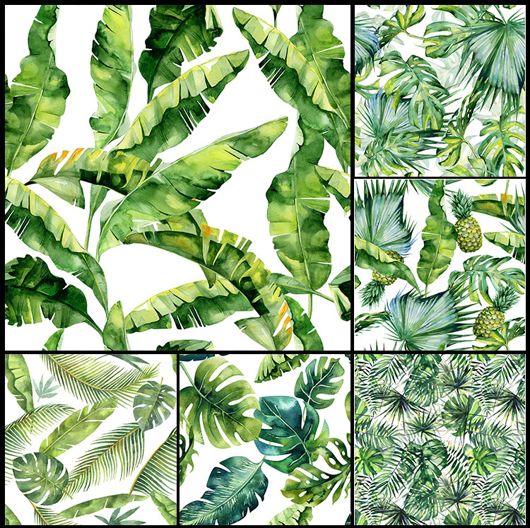 热带雨林手绘水彩绿色树叶子无缝印花图案背景墙纸图片素材
