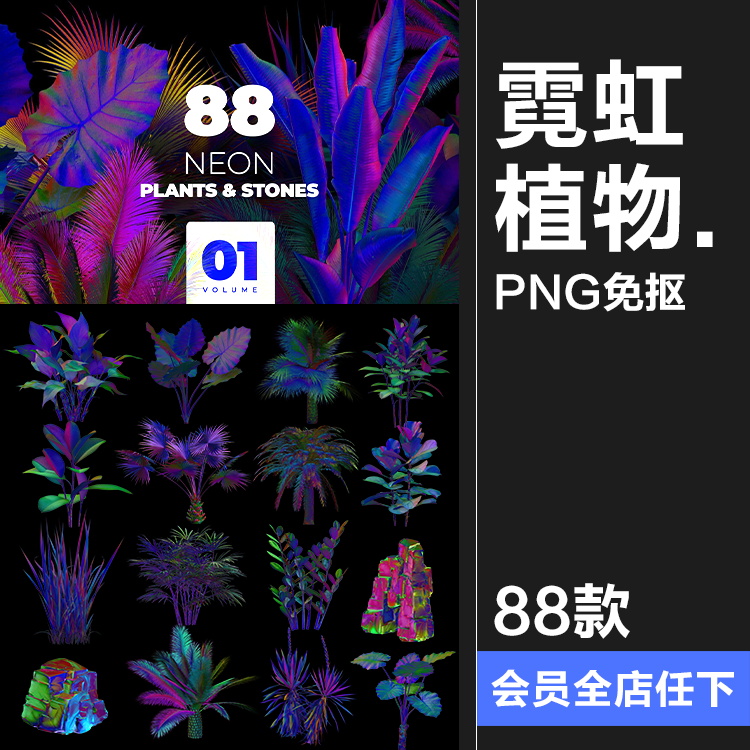热带霓虹蒸汽波朋克炫彩树叶植物岩石创意抽象PNG免抠图片素材