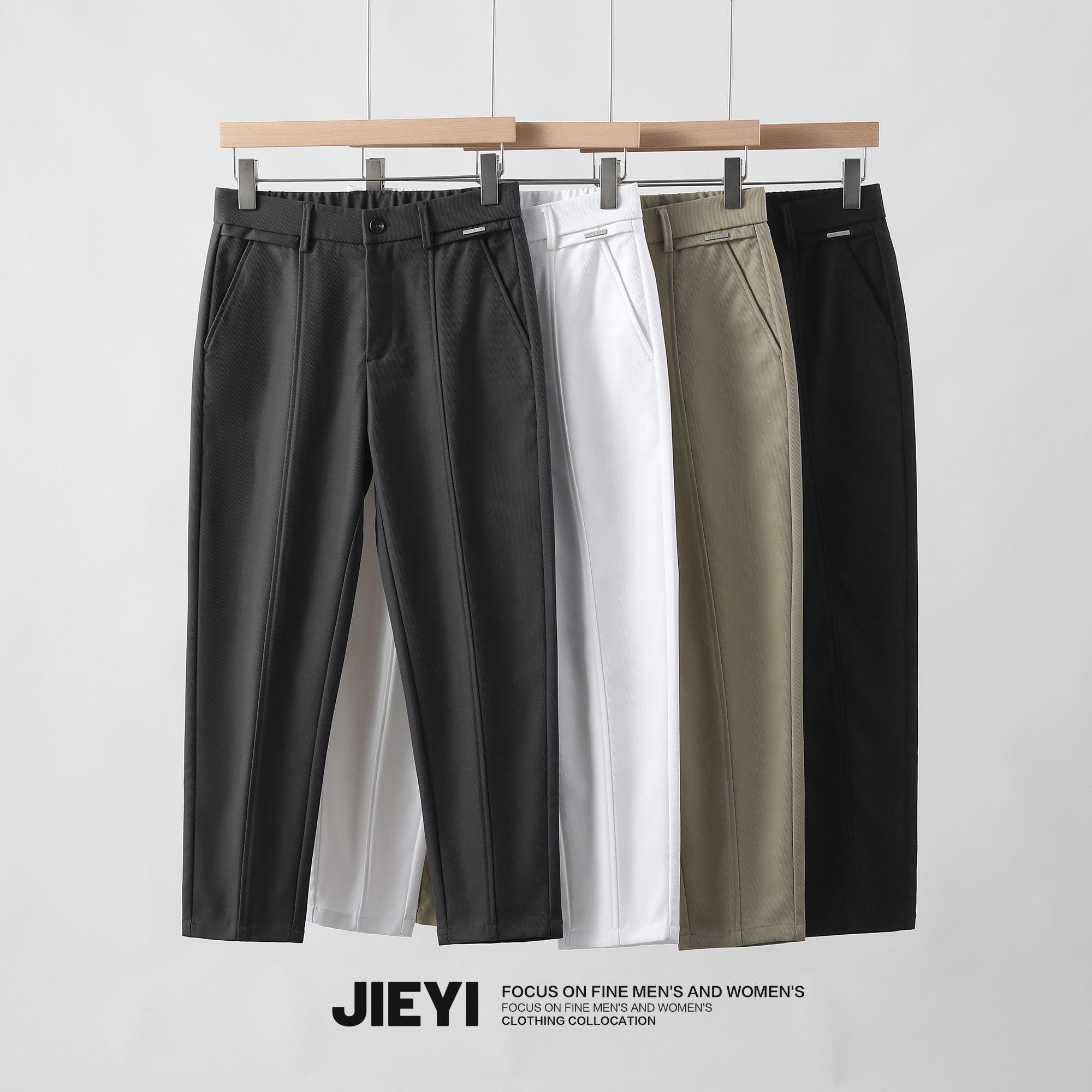 JIEYI 纯色中间分割线设计休闲裤男士复古立体裁剪直筒九分锥形裤