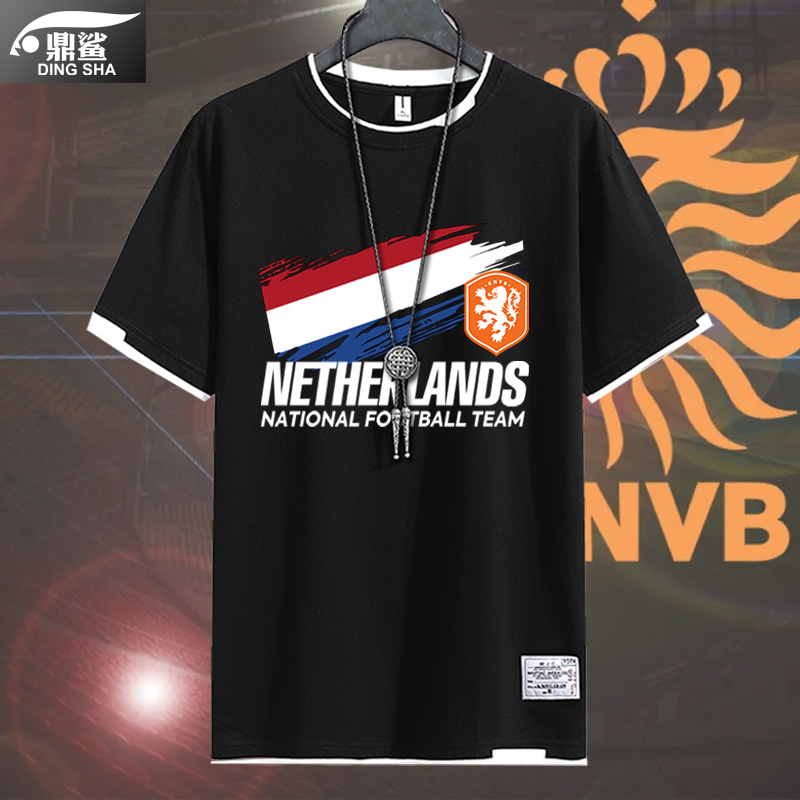 荷兰国家队橙衣军团欧国联足球迷队服假两件短袖t恤衫男女半截袖