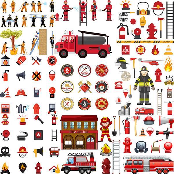 卡通人物职业消防员 消防器材工具图标元素AI矢量图素材