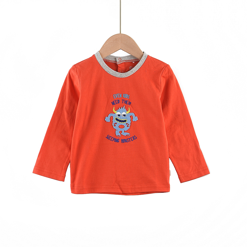 G1欧美外贸秋冬纯棉刺绣卡通橙色长袖单穿打底男女品质T恤童装