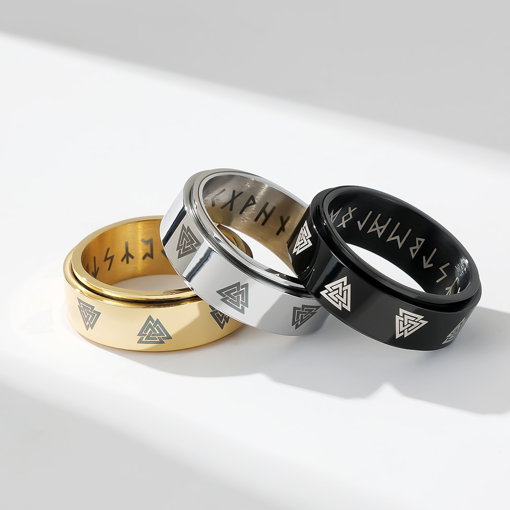 时尚钛钢戒指 维京文字凯尔特永恒三角结可旋转解压钛钢戒指指环