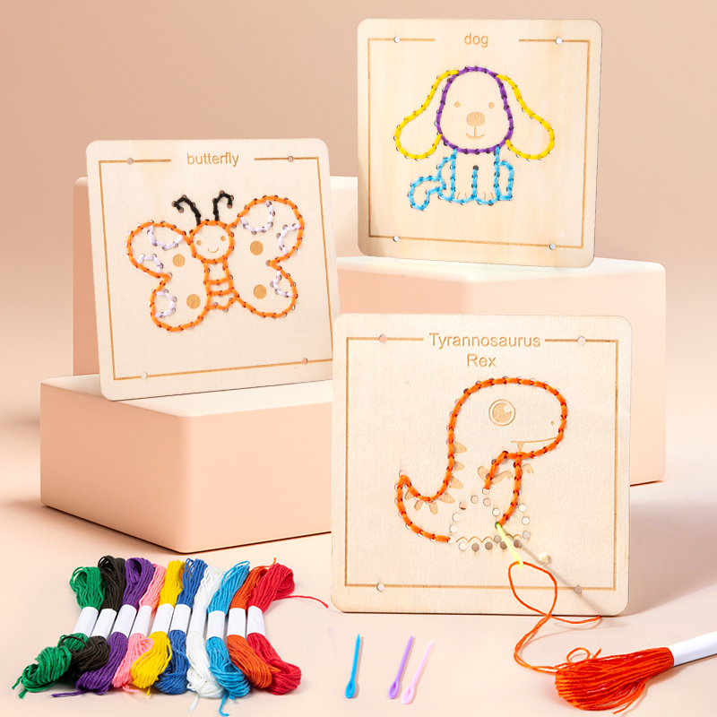 儿童木板刺绣亲子手工diy制作材料包幼儿园简单自绣卡通图案女孩