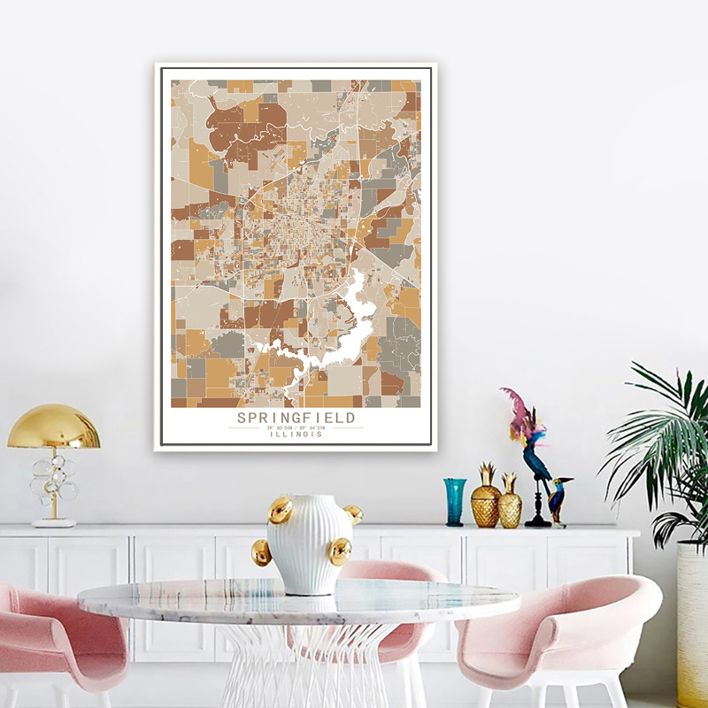 斯普林菲尔德伊利诺伊州美国艺术抽象城市彩色色块地图客厅装饰画