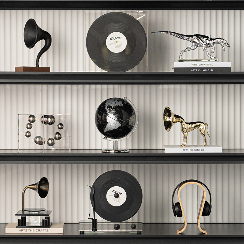 现代音乐主题轻奢样板间售楼处书房黑胶复古唱片机软装搭配组合