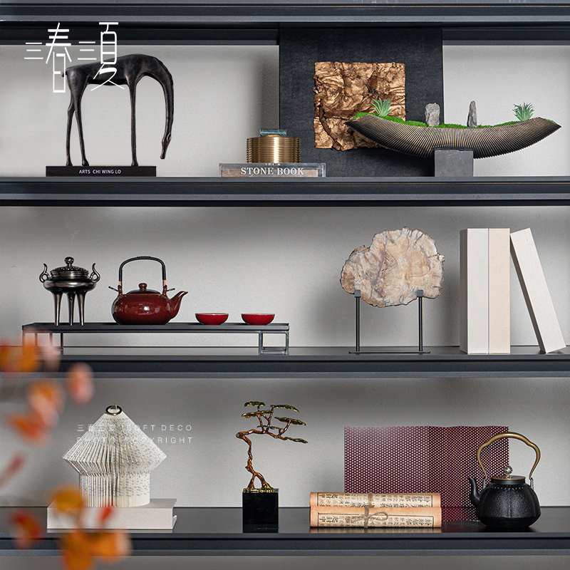新中式书柜书架装饰摆件茶室茶柜博古架展示柜样板间书房软装饰品