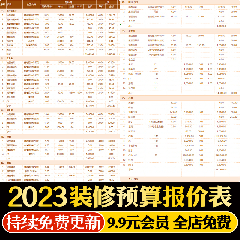 2024装修预算报价表模板装饰公司家装工装材料价格清单施工进度表