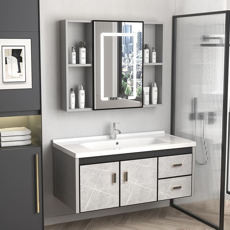 现代岩板太空铝合金陶瓷一体洗漱台洗手盆卫生间浴室柜组合卫浴柜