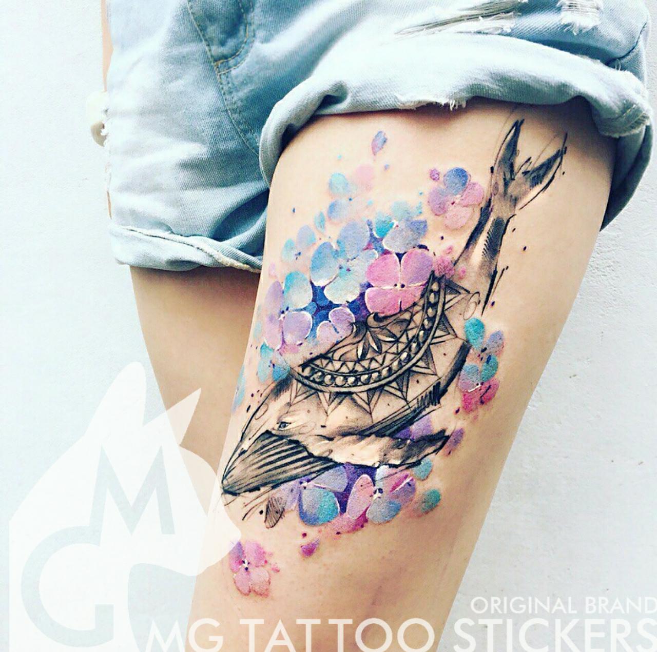 MG纹身贴/手绘TATTOO/北欧水彩植物花朵鲸鱼海洋生物花臂纹身贴纸