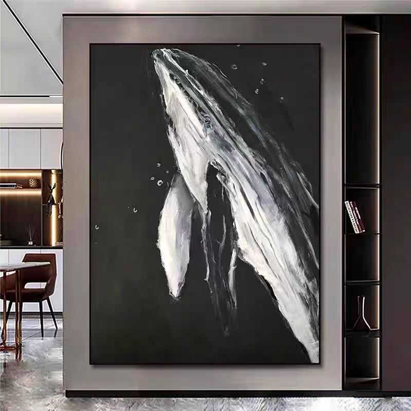 原创手绘油画抽象黑白鲸鱼玄关装饰画现代简约客厅沙发背景墙挂画
