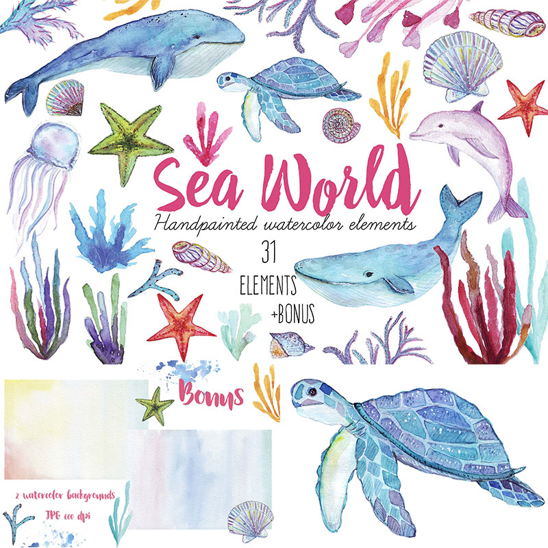 海底世界海豚乌龟海星鲸鱼贝壳水母海藻珊瑚水彩手绘平面设计素材