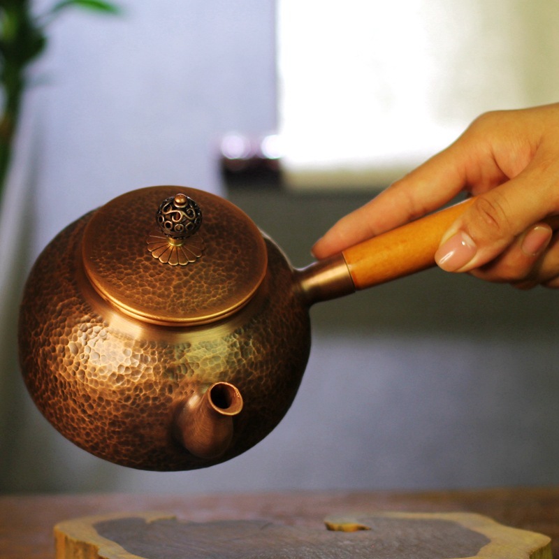 侧把锤纹壶包浆仿古中式锤目纹日式急须铜茶壶榉木手柄中式广水壶