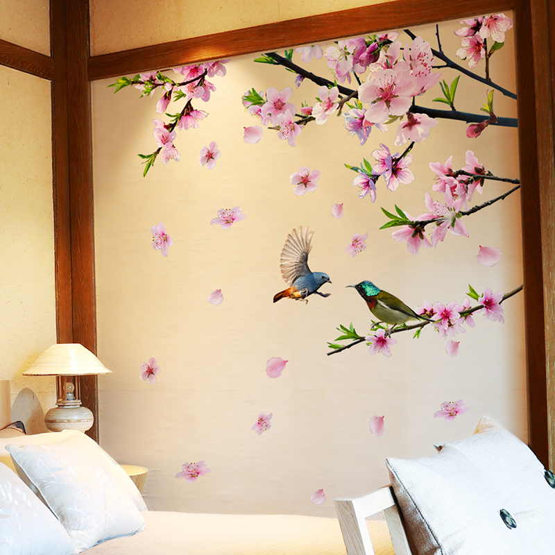 中国风墙贴纸贴画墙纸壁纸自粘卧室床头温馨客厅背景墙壁装饰桃花