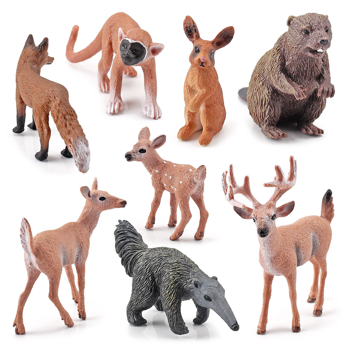 8款仿真森林动物模型河狸食蚁兽松鼠猴兔子白尾鹿小狐狸摆件玩具