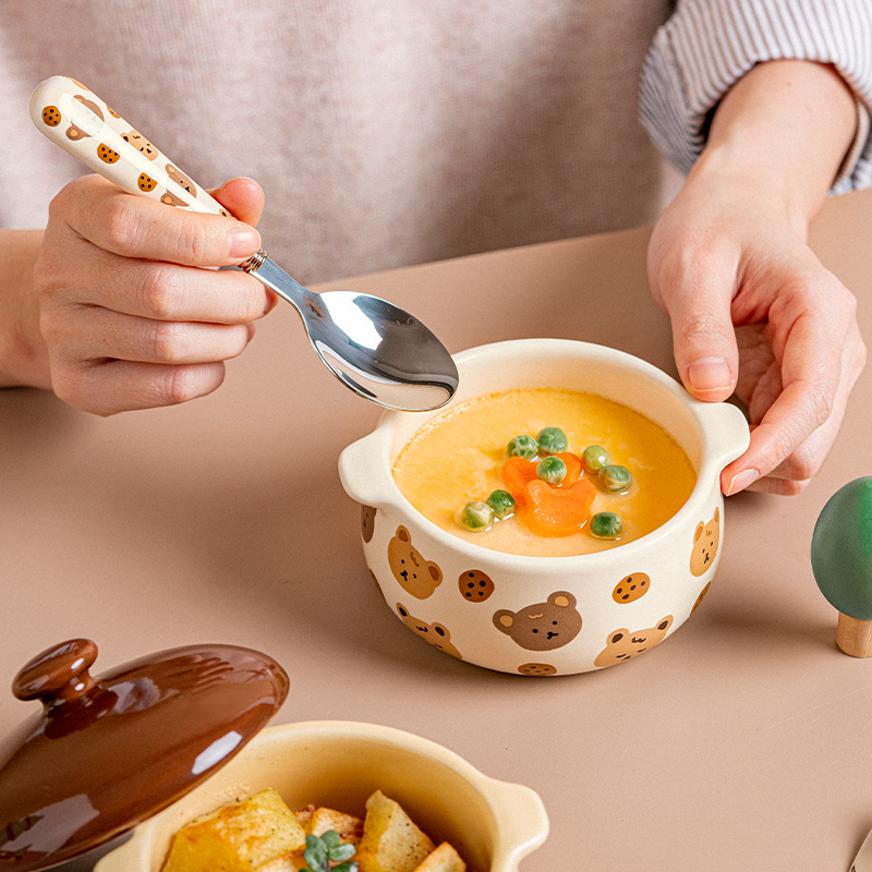 ezicok蒸蛋碗可爱陶瓷炖盅双耳小碗带盖碗辅食碗蒸蛋羹碗甜品烤碗