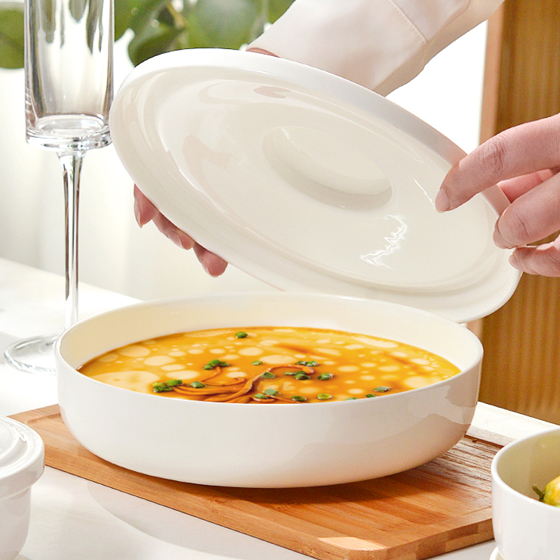 陶瓷蒸蛋碗带盖家用蒸菜白瓷汤盘微波炉隔水炖碗蒸蛋羹专用碗器皿