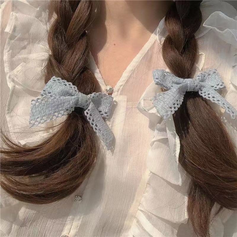 奶蓝色发夹2只装~春天的颜色奶油米蕾丝蝴蝶结发圈发饰少女发绳