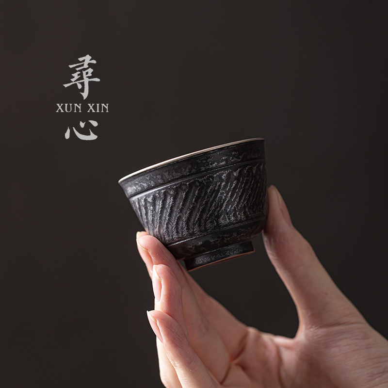 古黑鎏银手工跳刀茶杯中式复古陶瓷品茗小杯家用文人茶器功夫茶具