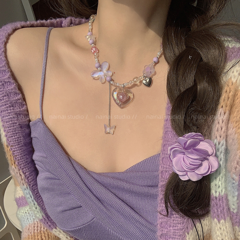 紫色串珠项链~春季新款！甜酷蝴蝶花朵爱心吊坠锁骨链2024年颈链