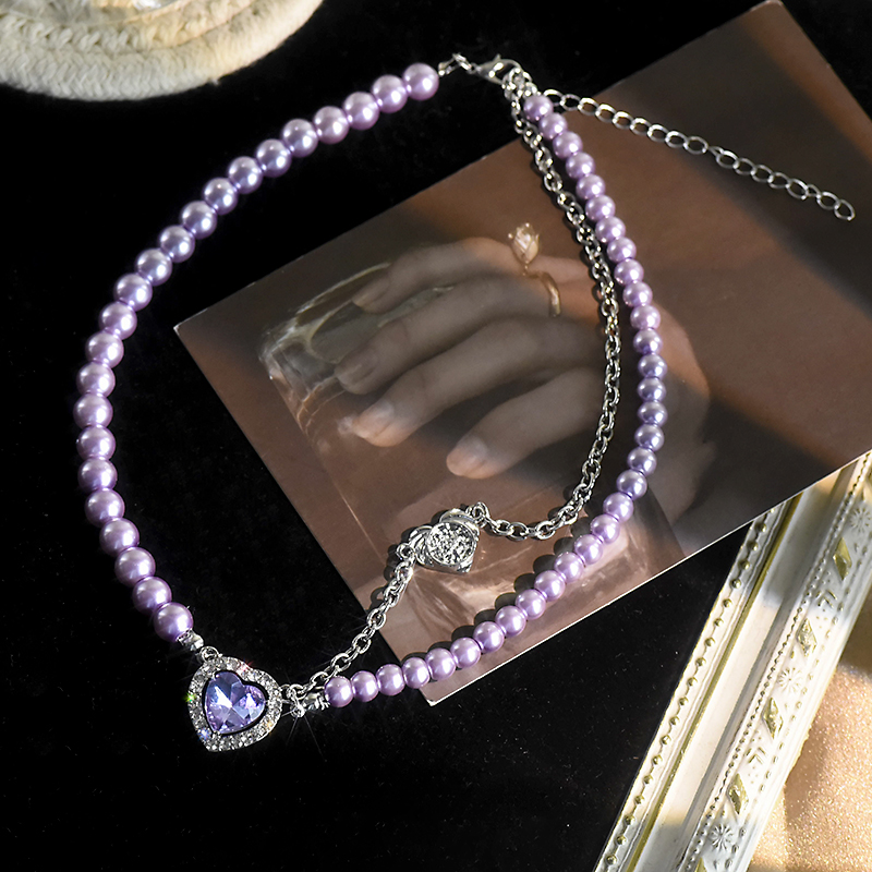 紫色爱心珍珠多层项链女2021年新款潮日韩网红气质颈链个性锁骨链