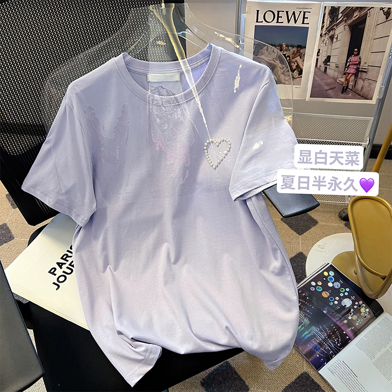 小C家紫色钉珠爱心圆领T恤女2024年春夏新款洋气正肩半袖上衣体恤