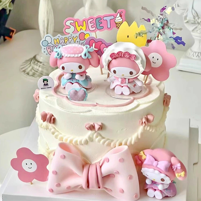 卡通粉色美乐蒂蛋糕装饰摆件库洛米玉桂狗KT猫女孩公主生日插件