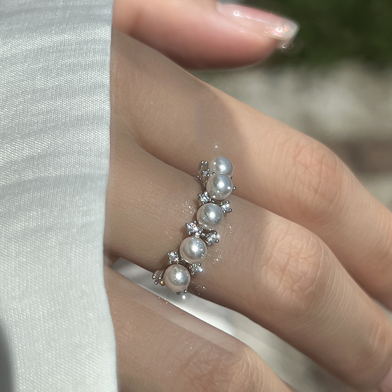 方糖家 倪妮同款珍珠花冠纯银锆石开口戒指时尚轻奢小众设计指环