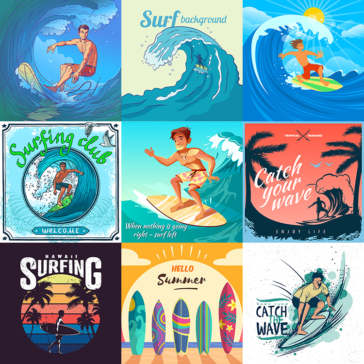 冲浪海报 卡通户外运动海滩度假人物插画背景 AI格式矢量设计素材