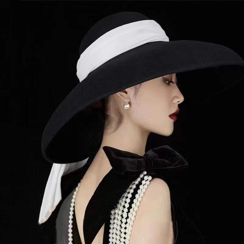 英伦法式优雅极简黑色丝绒缎带赫本风礼帽写真影楼复古帽子女