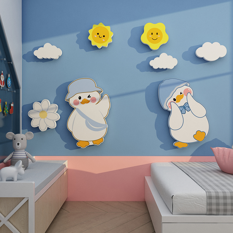 网红加油小黄鸭子儿童房间布置公主床头背景墙面装饰画3d立体贴纸