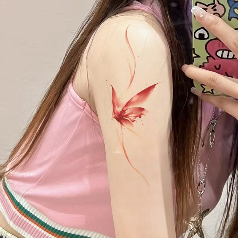 国风红蝴蝶纹身贴彩色防水女手臂锁骨遮盖疤痕水墨花臂