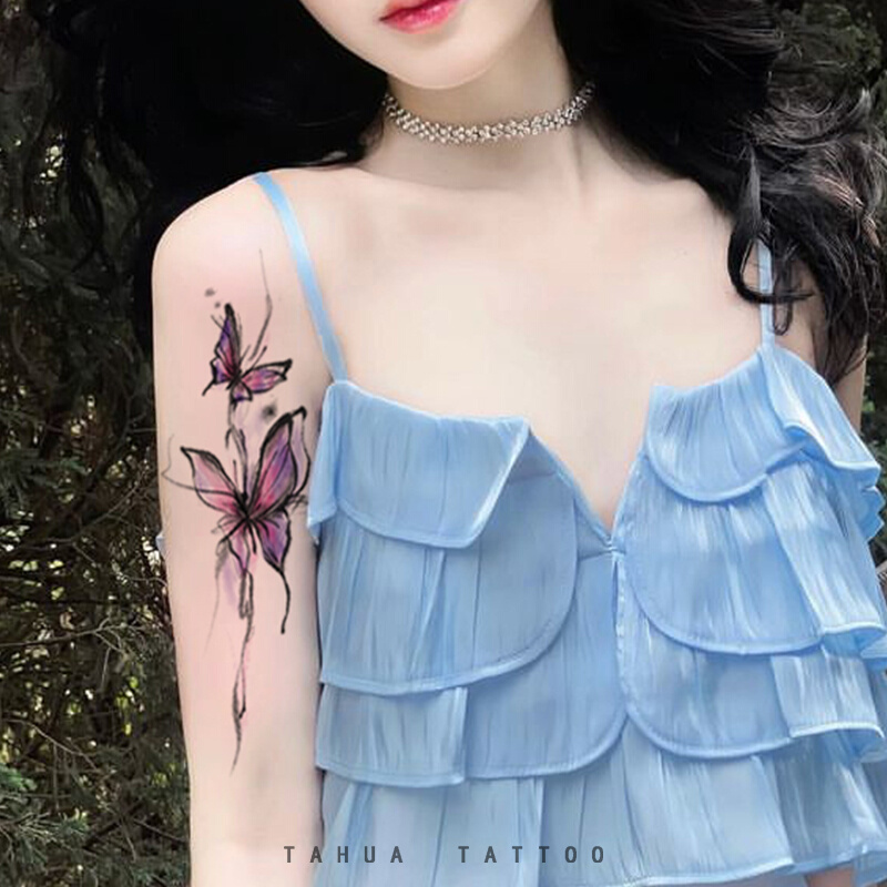 她画国风紫蝴蝶纹身贴彩色防水女手臂锁骨遮盖疤痕高级感水墨花臂