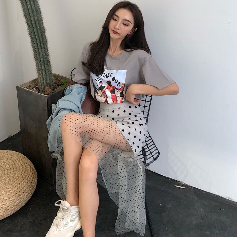 2019夏季新款短袖韩版印花T恤+网纱拼接波点裙两件套时尚套装女装