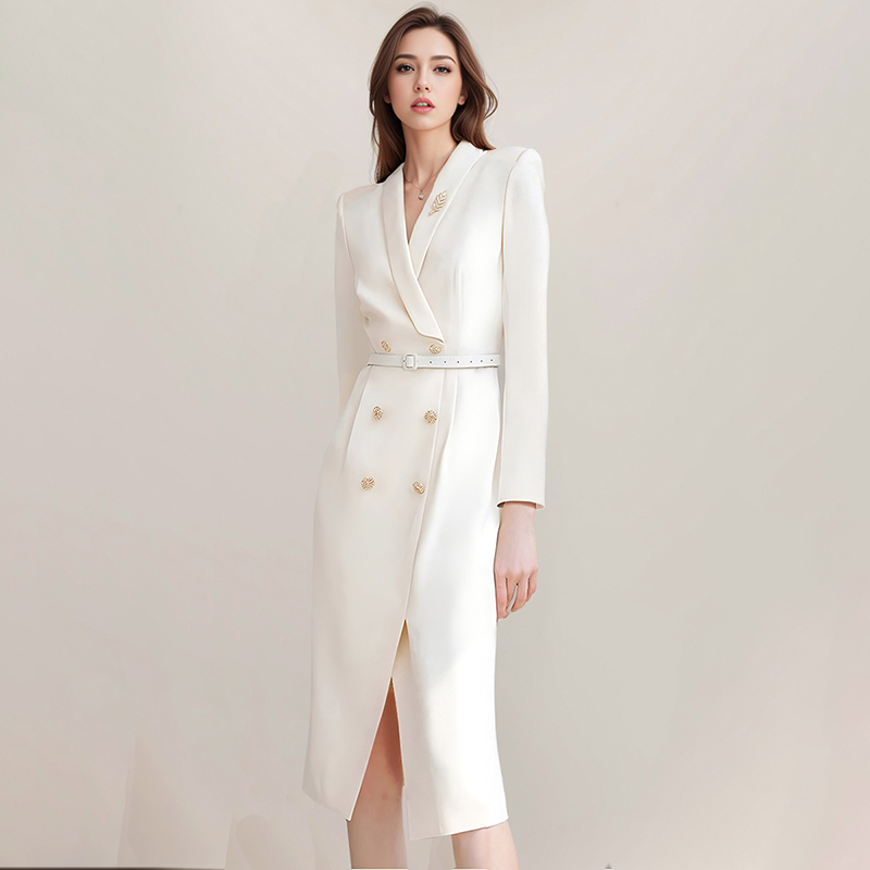 2024新款时尚职业白色连衣裙女气质主持人朗诵礼服收腰西装裙套裙