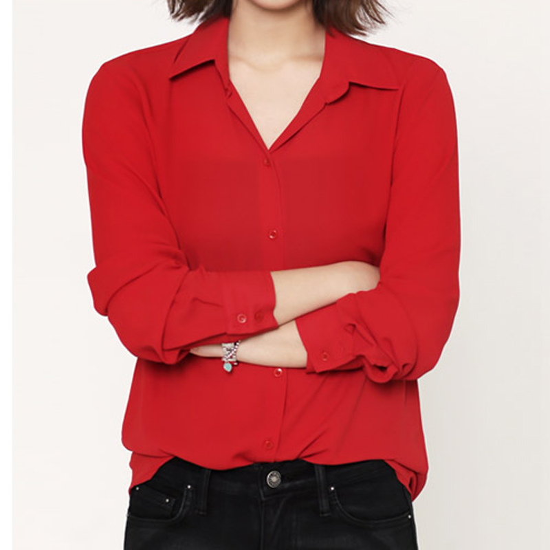 春秋新款雪纺长袖衬衫女韩范百搭显瘦设计感OL气质大红色衬衣上衣