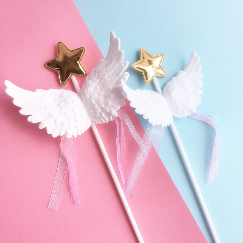 天使翅膀 流星插旗 唯美可爱五角星塑料翅膀卷卷丝带蛋糕装饰插件