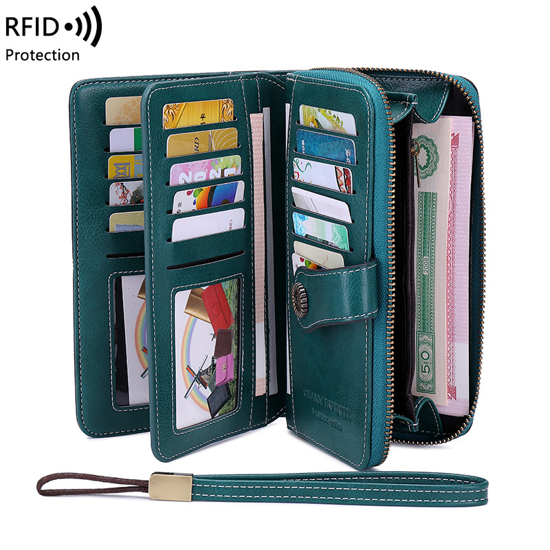 跨境RFID防磁钱包长款拉链女士钱夹皮夹欧美新款大容量手拿包