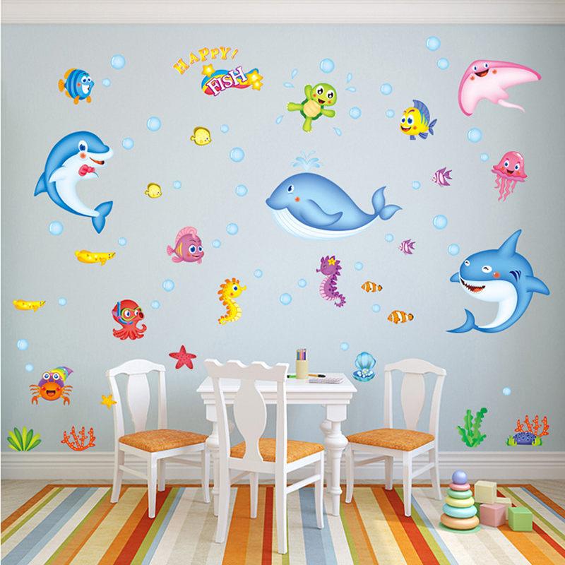 卡通海底世界动物贴画鲨鱼鲸鱼海豚海龟儿童房墙面壁纸自粘墙贴纸
