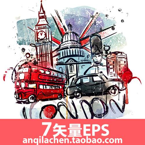 英伦风城市都市手绘水彩装饰画挂画矢量EPS源文件素材