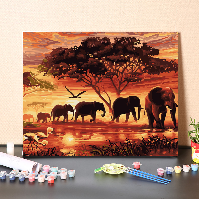 数字油画diy填充大象客厅挂画简单手绘解闷油彩画涂色水彩丙烯画