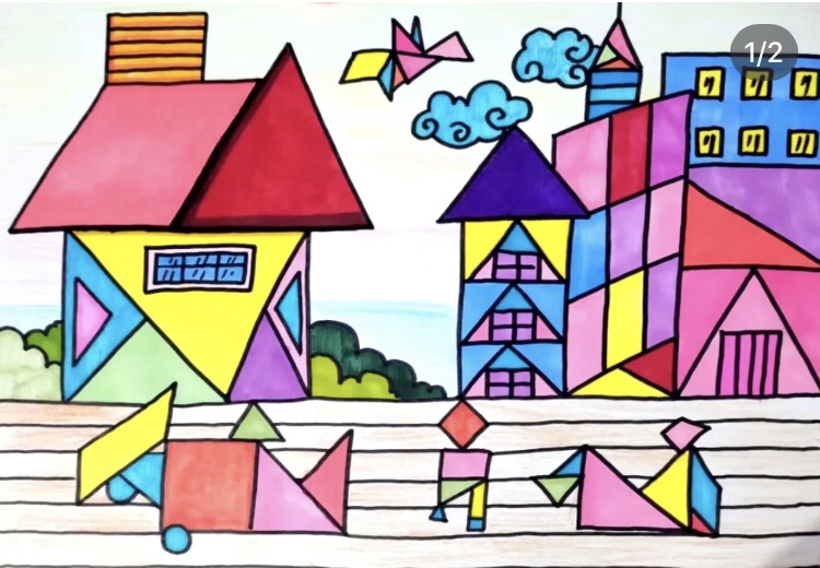 有趣的七巧板拼图形主题童心儿童画手线稿模板电子版小简笔画绘画