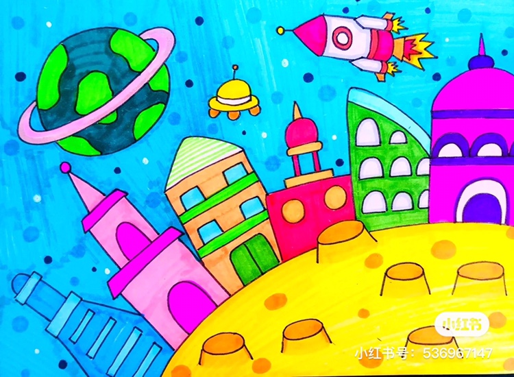 未来的建筑科幻主题童心儿童画手线稿模板电子版小学生简笔画绘