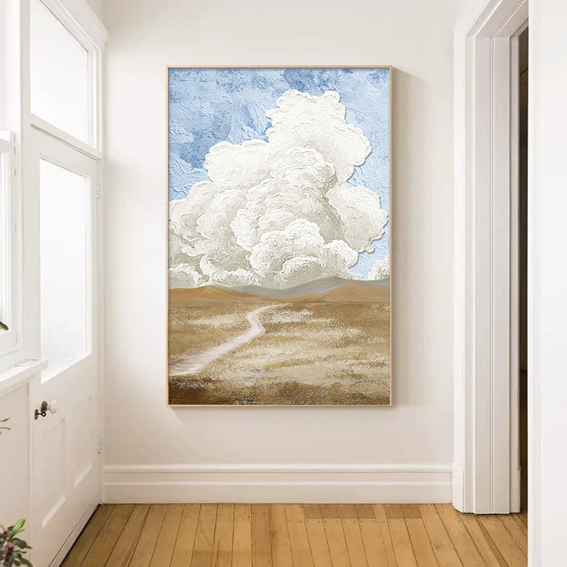 奶油风客厅装饰画北欧入户玄关挂画蓝色天空云朵风景肌理过道壁画