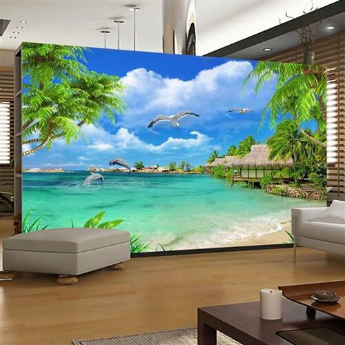 8d海景沙滩蓝色天空电视背景墙壁纸5d客厅3d墙纸卧室无缝墙布壁画