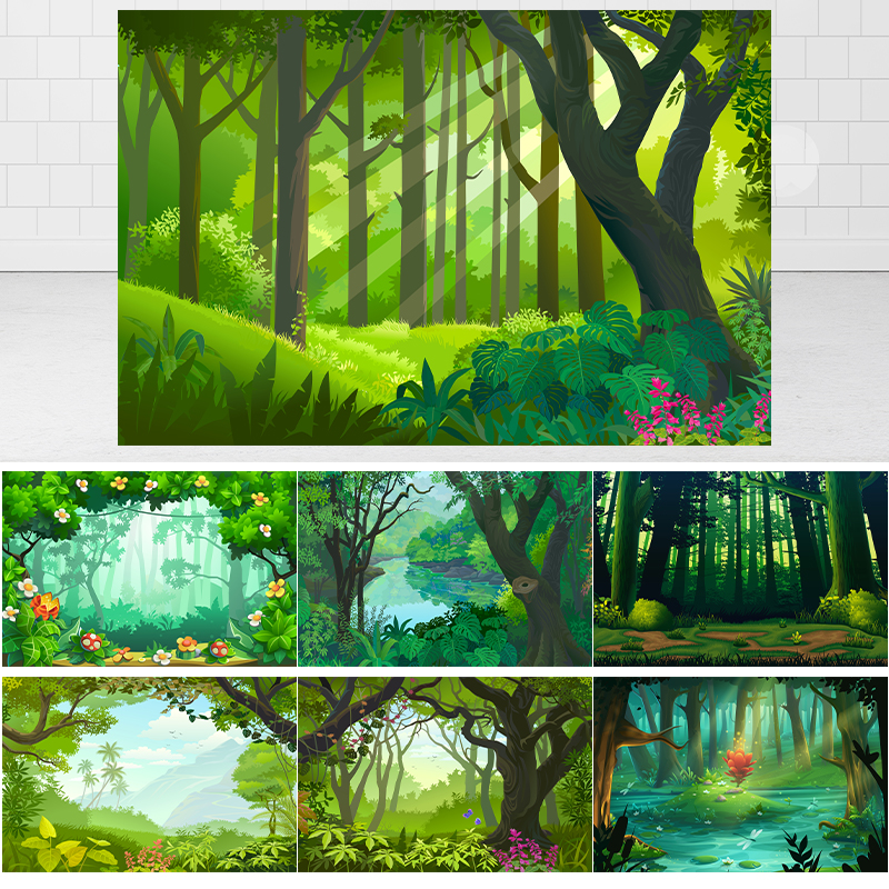 动画森林主题派对摄影活动装扮卡通插画魔法树林背景布海报定制